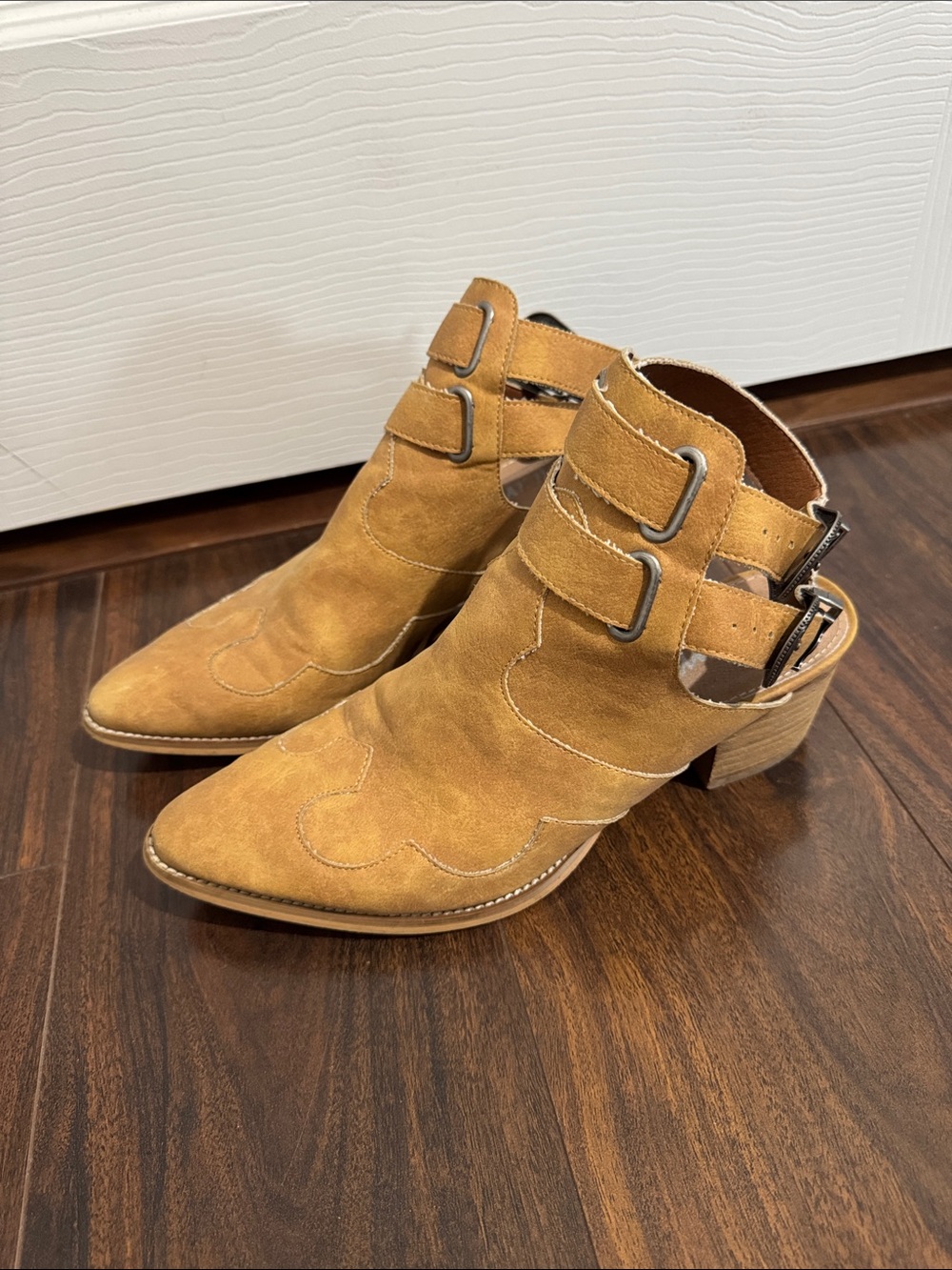 Mi.iM Tan Suede Buckle Western Ankle Booties